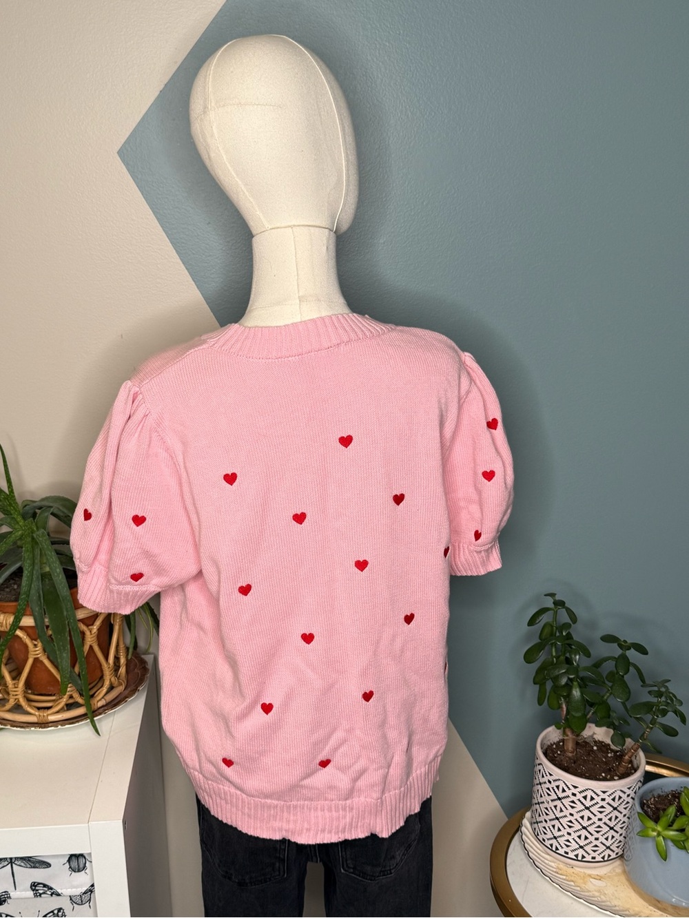 Pink Heart Puff Sleeve Cotton Sweater 2X Coquette Romantic Hearts Knit Top - Picture 5 of 10